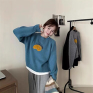 鴨鴨時尚刺繡橘子短款秋冬可愛套頭毛衣秋冬新款韓版寬松圓領毛衣 孔雀藍 均碼