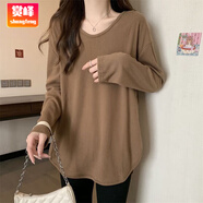 賞峰大碼女裝胖mm中長(cháng)款T恤女春秋冬季2025新款寬松顯瘦內搭長(cháng)袖打底 咖啡色 4XL 建議181-200斤