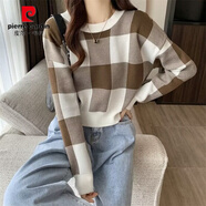 皮爾卡丹慵懶風(fēng)修身長袖棋盤格子套頭毛衣女秋冬新款復(fù)古內(nèi)搭短款針織上衣 棕色 均碼 （建議75-120斤）