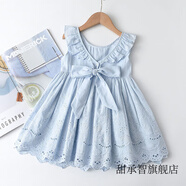 甜承智2025夏款女孩洋氣連衣裙女童蝴蝶結女寶洋氣公主裙刺繡蕾絲無(wú)袖裙 藍色 正碼 90 建議70-80cm