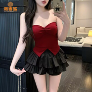 派吉鯊夏套裝女純欲帶胸墊抹胸外穿高腰百褶半身蛋糕裙褲甜美清新顯胸潮 棗紅色套裝【原版】 XL 116-130斤
