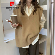 皮爾卡丹（pierre cardin）柔絨背心女韓國寬松V領(lǐng)針織馬甲外穿無袖毛衣中長(zhǎng)款套頭柔絨坎肩 卡其【不開叉】  S 建議85-105斤