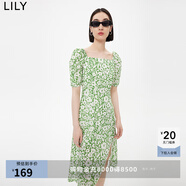 LILY夏新款女裝浪漫碎花法式復(fù)古方領(lǐng)氣質(zhì)泡泡袖高腰連衣裙女 303淺綠 L