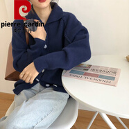 皮爾卡丹（pierre cardin）開衫毛衣慵懶風(fēng)翻領(lǐng)針織衫單排扣毛衣女韓國純色加厚復(fù)古長袖外套 藏青色 XL 建議125-135斤