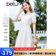 百圖betu女裝夏季新款連衣裙方領(lǐng)蕾絲面料裙子X(jué)型連衣裙女2303D04 米白 L