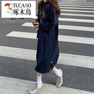 啄木鳥（TUCANO）中長款過膝連衣裙長款連帽衛(wèi)衣裙女秋冬季加絨加厚套頭小個(gè)子寬松 深藍(lán)色 均碼