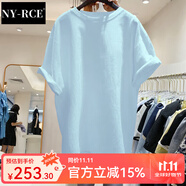 NY-RCE歐洲站夏裝新款大版短袖T恤女寬松中長款上衣潮 019淺藍色 L