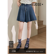 闊色（kuose）復古高腰百褶牛仔半身裙褲春夏新款女藍色a字短褲子 藍色 L