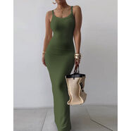 Women Striped UNeck Maxi Skims Dress歐美水波紋理緊身長裙女 軍綠色2 S