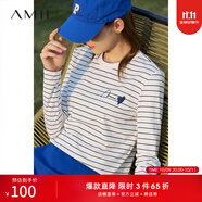 AMII女裝2025秋季新款百搭圓領(lǐng)套頭條紋愛心珠片簽名字母繡T 白深海藍條 L 165/88A