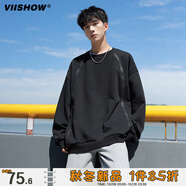 viishow美式復古潮牌純色圓領衛(wèi)衣男士拼接寬松重磅休閑長袖T恤 黑色 3XL