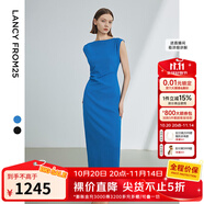 朗姿法式一字肩收腰抽褶設(shè)計感氣質(zhì)長裙夏裝新款女禮服連衣裙 艦隊藍色2 L