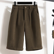 HKWZ毛呢褲子女2025秋冬中褲百搭加厚闊腿五分褲大碼外穿短褲高腰靴褲 咖啡色 L