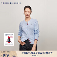 TOMMY HILFIGER【復(fù)古絞花】秋冬女裝純棉肌理感圓領(lǐng)打底衫開衫針織衫毛衣 【撞色絞花開襟】-  天藍(lán)色C1O XS （推薦：100斤以下）