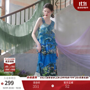兩三事度假超仙的裙子女夏季紫色油畫(huà)藝術(shù)吊帶海邊連衣裙云霧睡蓮 藍色預售 M