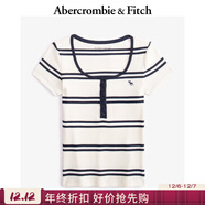 Abercrombie & Fitch【多色亨利領(lǐng)】小麋鹿圖案女裝25夏季修身短袖T恤 海軍藍條紋 S (165/88A)