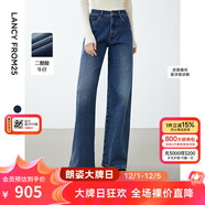 朗姿【明星同款】朗姿醋酸闊腿休閑氣質(zhì)長(cháng)褲女冬季新款法式牛仔褲 藏藍色 XL