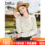 百圖betu女裝秋新款毛針織衫圓領(lǐng)長(cháng)袖小香風(fēng)針織開(kāi)衫女2308T01 米白 L