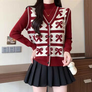 Radinka2025春秋新款馬甲女針織圓領(lǐng)背心外穿短款坎肩復古小熊毛衣MLS 時(shí)尚提花假兩件【紅色】 L