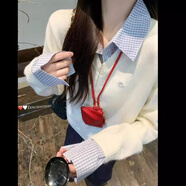 妮熙亞XIAY韓系感假兩件格子拼接毛衣女秋冬季新款polo領(lǐng)針織衫上衣ins 米白色 S