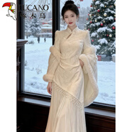 啄木鳥(niǎo)新中式巨好看立領(lǐng)溫柔加絨加厚連衣裙女秋冬國風(fēng)修身流蘇旗袍長(cháng)裙 梔子白連衣裙+披肩外套 S