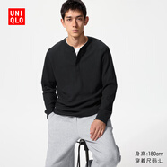 優(yōu)衣庫男裝女裝情侶華夫格亨利領(lǐng)套頭衫長(cháng)袖T恤479784 482766 482766/09黑色 L