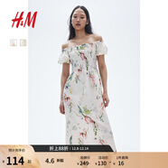 H&M女裝花卉連衣裙秋季花朵泡泡一字肩短袖植物印花長(cháng)裙1230970 白色/花卉 XS 155/80