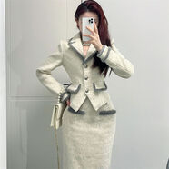 鴻思麟伊（HONGSILINYI）富家千金小香風(fēng)毛呢套裝女秋冬氛圍感拼色西裝外套半身長(cháng)裙兩件套 外套+半身裙【版】 S