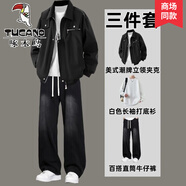 啄木鳥(niǎo)（TUCANO）美式工裝外套男痞帥春秋季帥氣男士酷帥穿搭休閑套裝男三件套 黑色+白長(cháng)袖+牛仔褲黑【三件套】 S