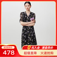 敦奴（DUNNU）dunnu敦奴2024夏季新款茶歇裙法式V領(lǐng)雪紡印花連衣裙女 正黑色 S