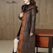 卡搭（kraallda）品牌真皮羽絨服女2025冬季新款連帽過(guò)膝綿羊皮中長(cháng)款修身顯瘦外套 咖色 M 適合115斤之內