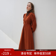 范思藍恩23FS14429法式復古長(cháng)袖連衣裙女秋冬新款波浪V領(lǐng)裙子 柿子紅 M