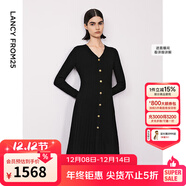 朗姿純羊毛v領(lǐng)收腰顯瘦長(cháng)袖針織裙氣質(zhì)長(cháng)裙設計感連衣裙冬季新款 黑色 L