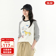 飛鳥(niǎo)和新酒白色條紋印花圓領(lǐng)長(cháng)袖T恤女2025秋季新款寬松套頭上衣 其它米白HRA03 M