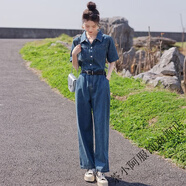 茶小阿短袖工裝牛仔連體褲女2025新款顯高顯瘦遮肉闊腿薄款連衣長(cháng)褲 牛仔藍色 配腰帶 M 100-110斤