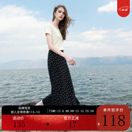 三彩2025夏季新款碎花半身裙斜裁A字裙松緊腰魚(yú)尾裙浪漫長(cháng)裙M 漆黑色花卉 XL 170/76A