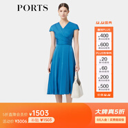 PORTS寶姿春季新品女裝優(yōu)雅桑蠶絲天空湛藍V領(lǐng)短袖休閑連衣姿春季新 寧靜藍-1 M (6)