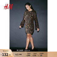 H&M女裝連衣裙秋季時(shí)尚晚派對圓領(lǐng)長(cháng)袖亮片連衣裙1204941 古銅色 L 170/104