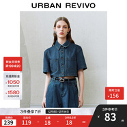 UR2025秋季新款女裝復古做舊紐扣短袖牛仔襯衫UYU850037 藍色 S