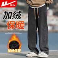 回力牛仔褲男冬季加絨保暖美式直筒褲子男寬松闊腿休閑長(cháng)褲