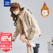 唐獅（TonLion）2025針織外套女休閑衛衣開(kāi)衫連帽上衣 加絨款/淺卡其 M