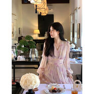 VASSE法式優(yōu)雅暈染印花雪紡高腰V領(lǐng)仙女連衣裙女春秋氣質(zhì)氛圍長(cháng)裙 粉紫暈染現貨 S S