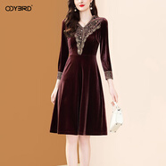 歐迪鳥(niǎo)（ODYBIRD）時(shí)尚精致金絲絨連衣裙2025秋季新款刺繡釘珠顯瘦正式場(chǎng)合裙子 紅咖 M