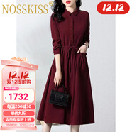 NOSSKISS奢侈高檔品牌長(cháng)袖襯衫連衣裙女2025秋季新款氣質(zhì)收腰顯瘦有中長(cháng)裙 酒紅 L [建議110-120斤]