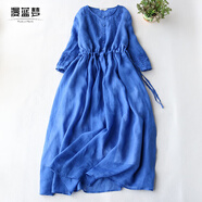 漫藍夢(mèng)棉麻長(cháng)袖連衣裙2025秋季法式風(fēng)琴褶苧麻紅裙子收腰抽繩棉亞麻長(cháng)裙 藍色 M 【建議95-115斤】