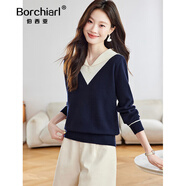 伯西亞品牌學(xué)院風(fēng)拼色翻領(lǐng)針織衫女裝2025秋季新款長(cháng)袖打底毛衣短款上衣 藏青 XL