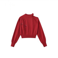 WZFS24005早春日系新品清新甜美單露肩蝙蝠袖刺繡針織衫毛衣上衣 紅色 均碼