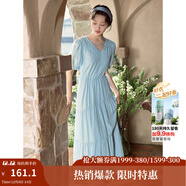 茵曼（INMAN）法式薄荷曼波連衣裙2024夏女裝新品V領(lǐng)燈籠袖抽繩 紺藍色 S