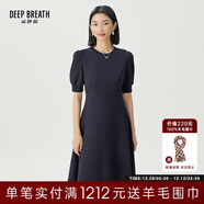深呼吸DEEP BREATH女裝高腰圓領(lǐng)泡泡袖收腰大擺連衣小黑裙A500309 藏藍 M (3碼)