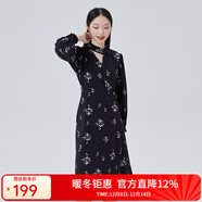 艾萊依（ERAL）商場(chǎng)同款新款系帶蝴蝶結法式氣質(zhì)連衣裙時(shí)尚百搭顯瘦長(cháng)裙子 黑底色花 XS 155/80A